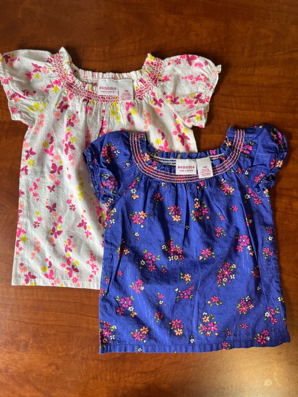 BOTH Floral & Butterfly Peasant Tops Blue & White & Pink Orange CUTE! 18M